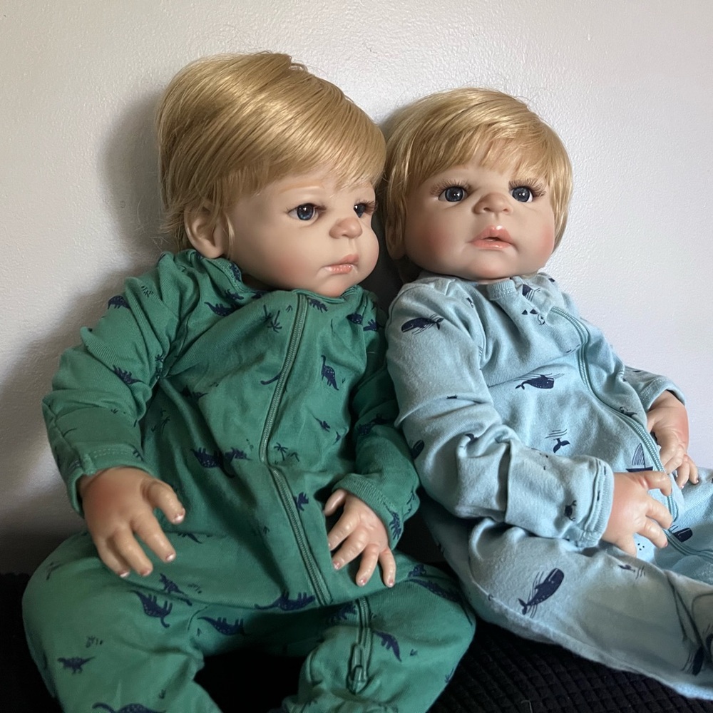 Adorable Twin Baby Dolls in Green and Blue Outfits